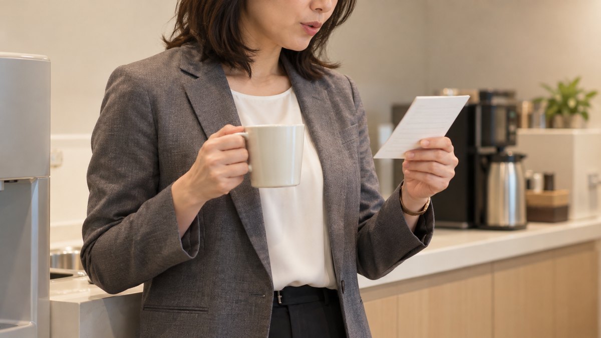 朝、窓のない社内の給湯室で、40代の女性会社員がマグカップを片手に壁ぎわに立ち、もう片方の手で持った小さなメモを見ながら小さく口を動かして話す練習をしている近景。メモの文字は読めない。窓や外の景色は写さない。顔ははっきり写らない。文字は無い