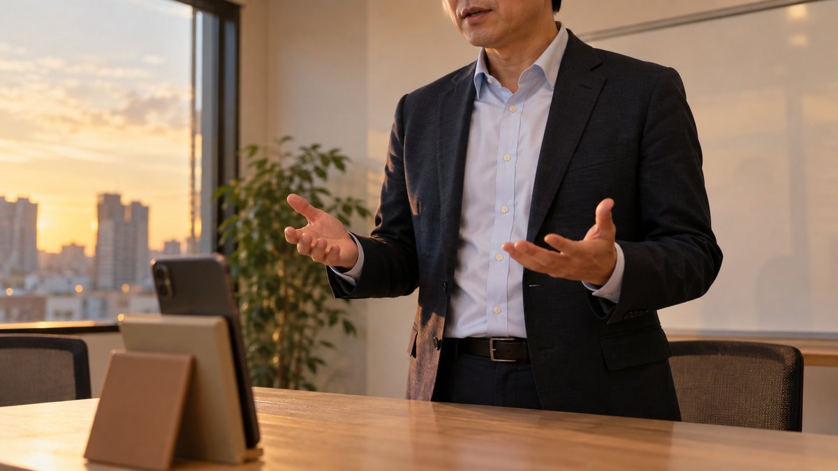 夕方、貸し会議室の小部屋で、40代の男性会社員がひとりでテーブルの前に立ち、スマホを本立てに立てかけて自分を撮影しながら、手のひらを上に向けて説明の練習をしている近景。スマホの画面は見えない。顔ははっきり写らない。文字は無い