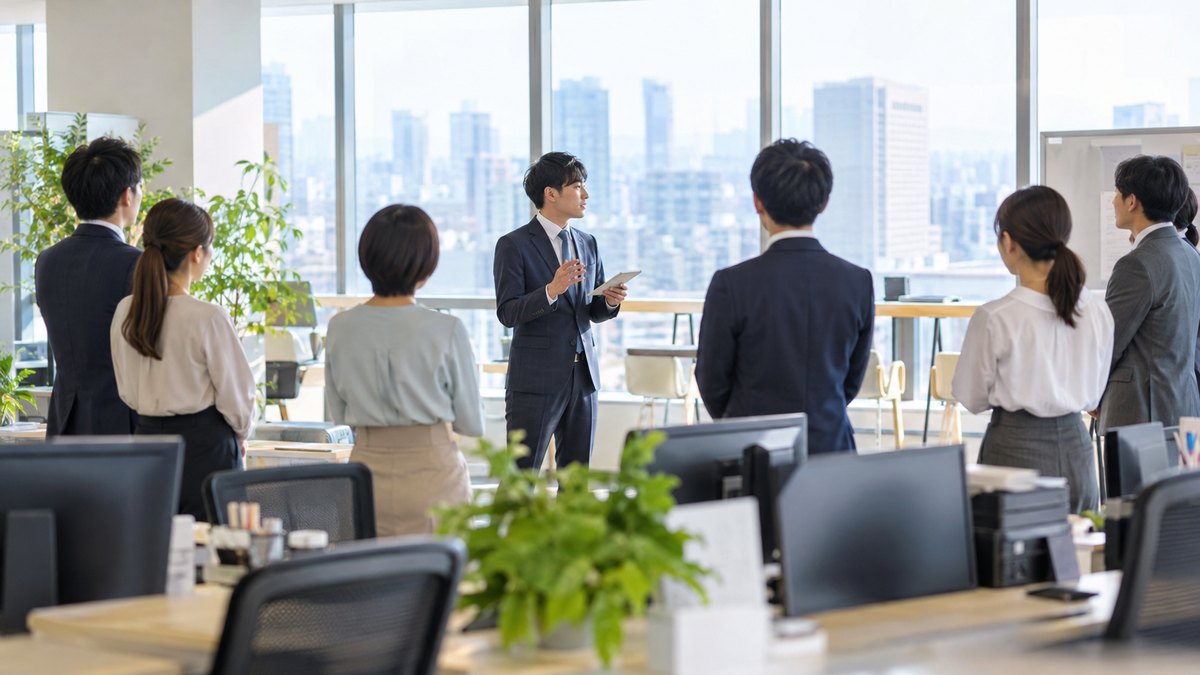 朝、オフィスのフロアで行われている朝礼で、30代の男性会社員が7人ほどの同僚の前に立ち、小さなメモを片手に持って顔を上げて話している遠景。同僚の何人かがうなずいている。顔ははっきり写らない。掲示物の文字は見えない