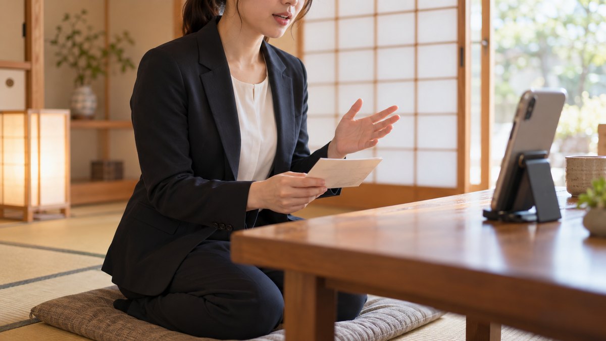 平日の夕方、自宅マンションの和室で、仕事から帰った30代の女性会社員が座卓に立てたスマホに向かって正座し、小さなメモを手にスピーチを録音している近景。障子越しのやわらかい光。顔ははっきり写らない。スマホの画面とメモの文字は見えない