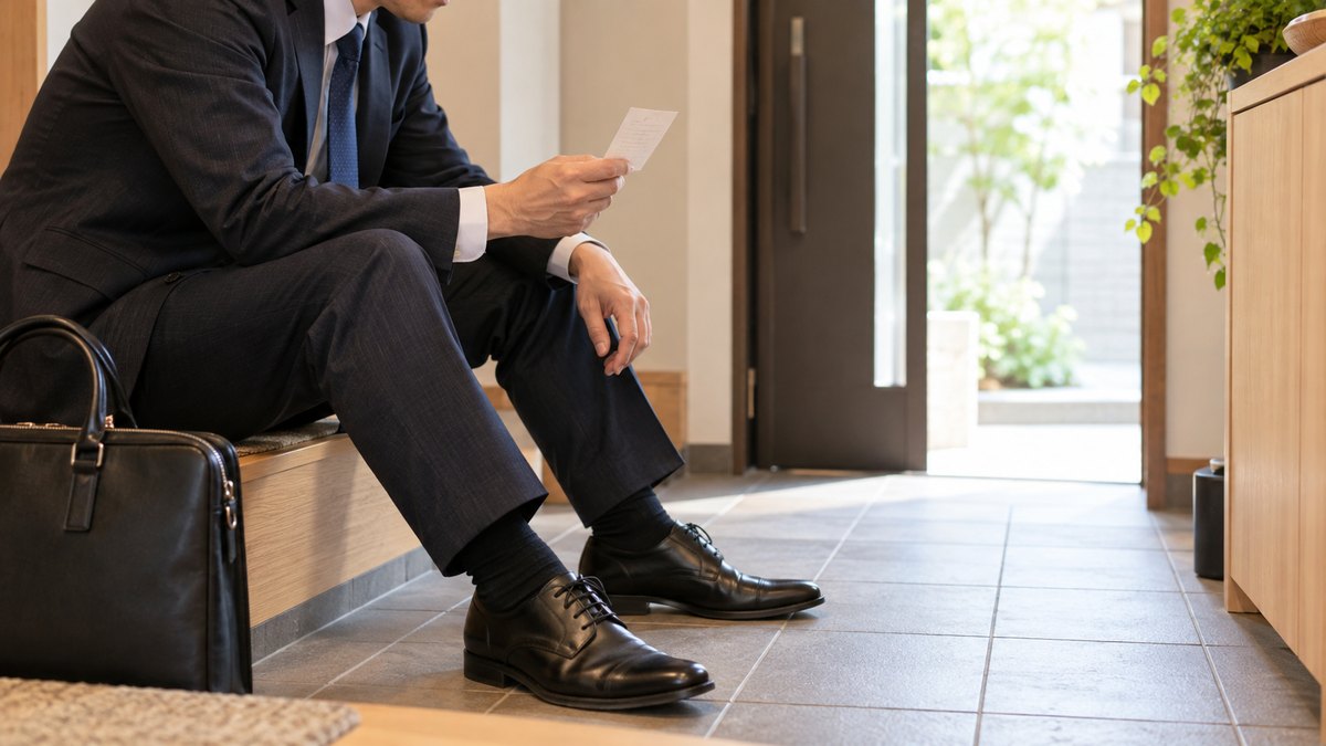 朝、自宅マンションの玄関で、出かける前の40代の男性会社員が靴をはき終え、手のひらサイズのメモを見返している近景。メモの文字は読めない。顔ははっきり写らない。文字は無い