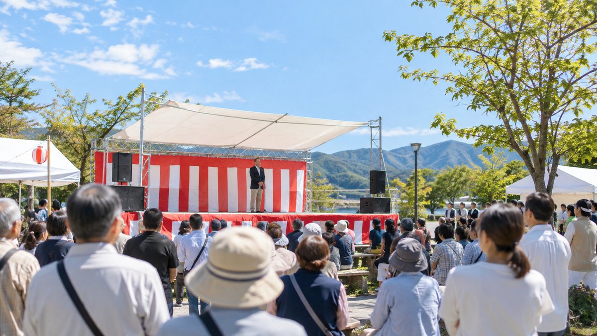 晴れた日の午前、地域のお祭りの野外ステージで、50代の男性がスタンドマイクの前に立ち、集まった数十人の住民に向かって顔を上げて挨拶している遠景。顔ははっきり写らない。看板や幕の文字は見えない