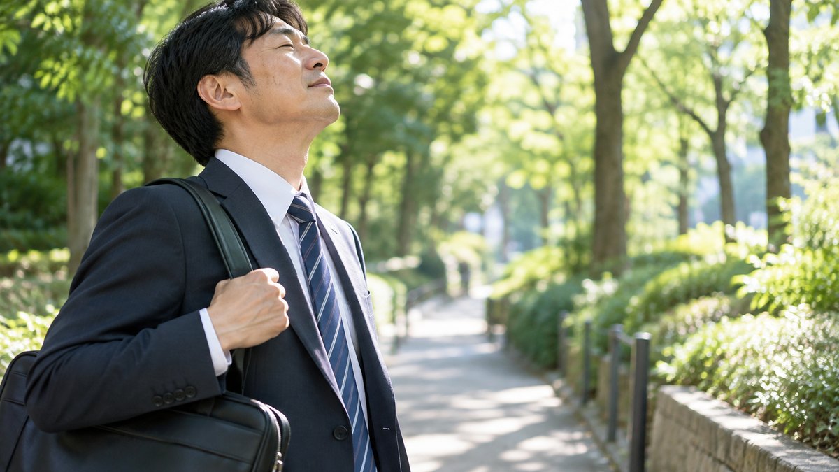 朝、木々の多い公園の遊歩道で、出勤途中の40代の男性会社員がかばんを持ったまま立ち止まり、目を閉じてゆっくり息を吐きながら気持ちを整えている近景。木もれ日。顔ははっきり写らない。文字は無い