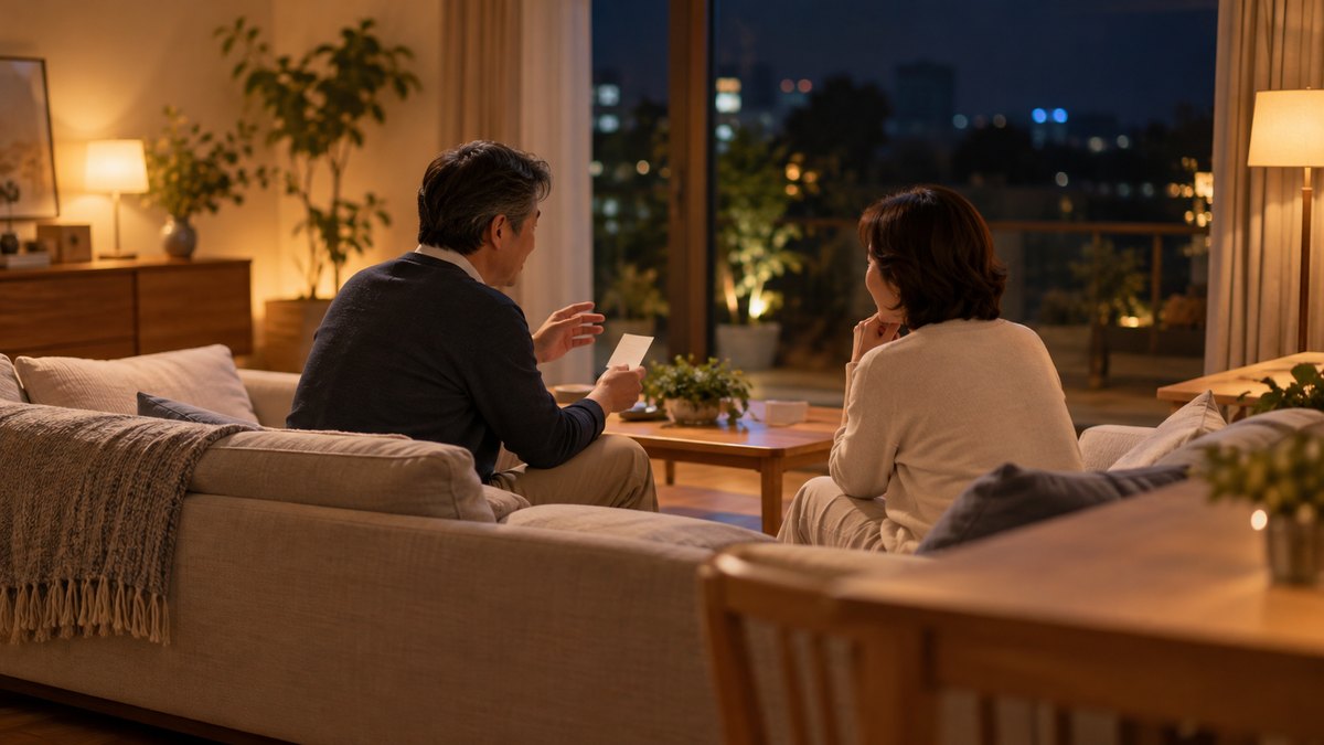 夜、自宅のリビングのソファで、50代の夫婦が向かい合って座り、夫が小さなメモを手に話す練習をして、妻がうなずきながら聞いている遠景。顔ははっきり写らない。文字は無い