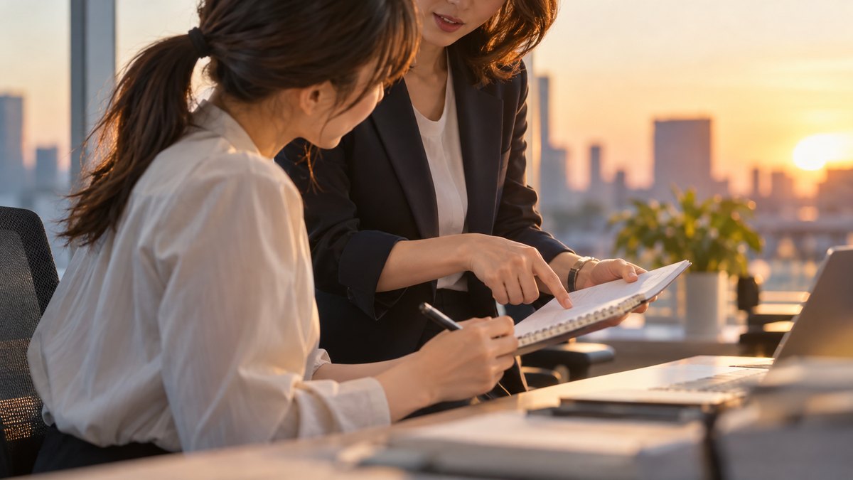 夕方、オフィスの窓ぎわのデスクで、30代の女性会社員が同じ部署の40代の女性の先輩にメモを見せて相談し、先輩がメモを指さしながら穏やかに助言している近景。メモの文字は読めない。顔ははっきり写らない。文字は無い