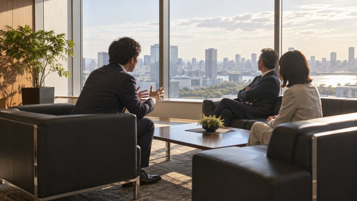 午後、取引先の会社の応接室で、30代の男性会社員が向かいのソファに座る2人に資料なしで話しかけていて、そのうち1人の50代の男性が腕を組んで窓の外に目を向けている遠景。顔ははっきり写らない。文字は無い