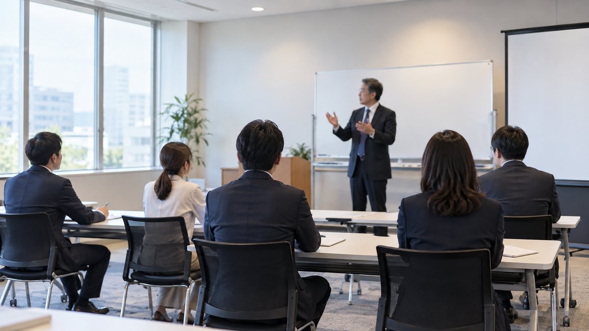 午後、企業の研修室で、50代の男性講師が椅子に座った5人ほどの社会人の受講者の前に立ち、手本として身ぶりを交えて話している遠景。顔ははっきり写らない。ホワイトボードやスライドの文字は見えない