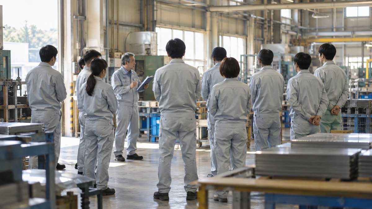 朝、工場の作業場の一角で、作業服を着た50代の現場リーダーが10人ほどの作業員の前に立って朝の連絡を話し、前列の何人かがうなずいている遠景。顔ははっきり写らない。掲示物や機械の文字は見えない