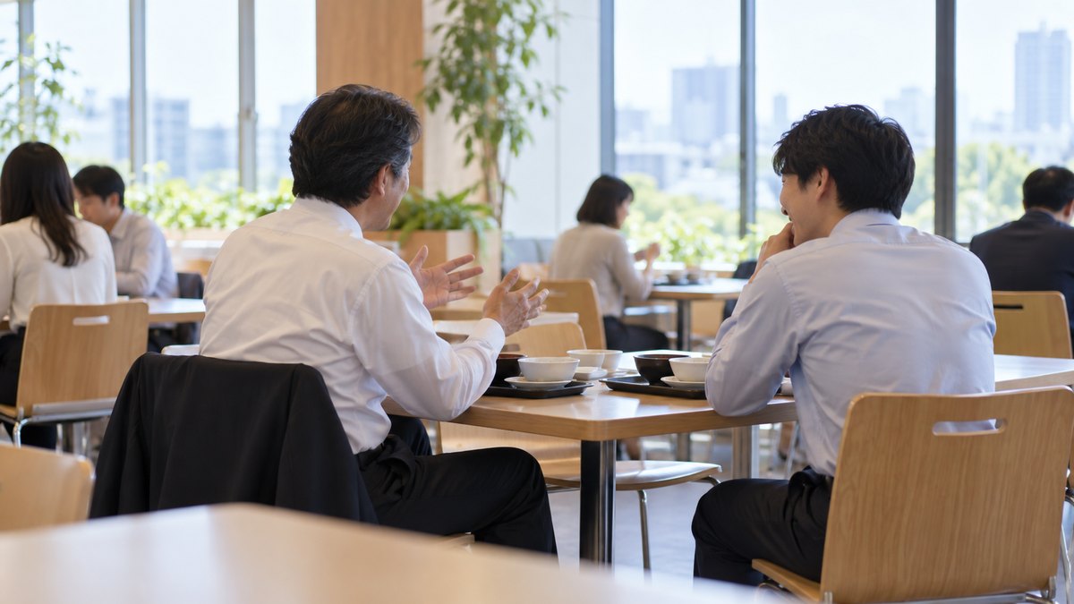 昼、会社の社員食堂のテーブルで、食事を終えた40代の男性会社員が向かいに座る30代の男性の同僚に、手ぶりをつけながら試しにスピーチの締めの一言を言ってみせ、同僚が笑顔で聞いている遠景。顔ははっきり写らない。文字は無い