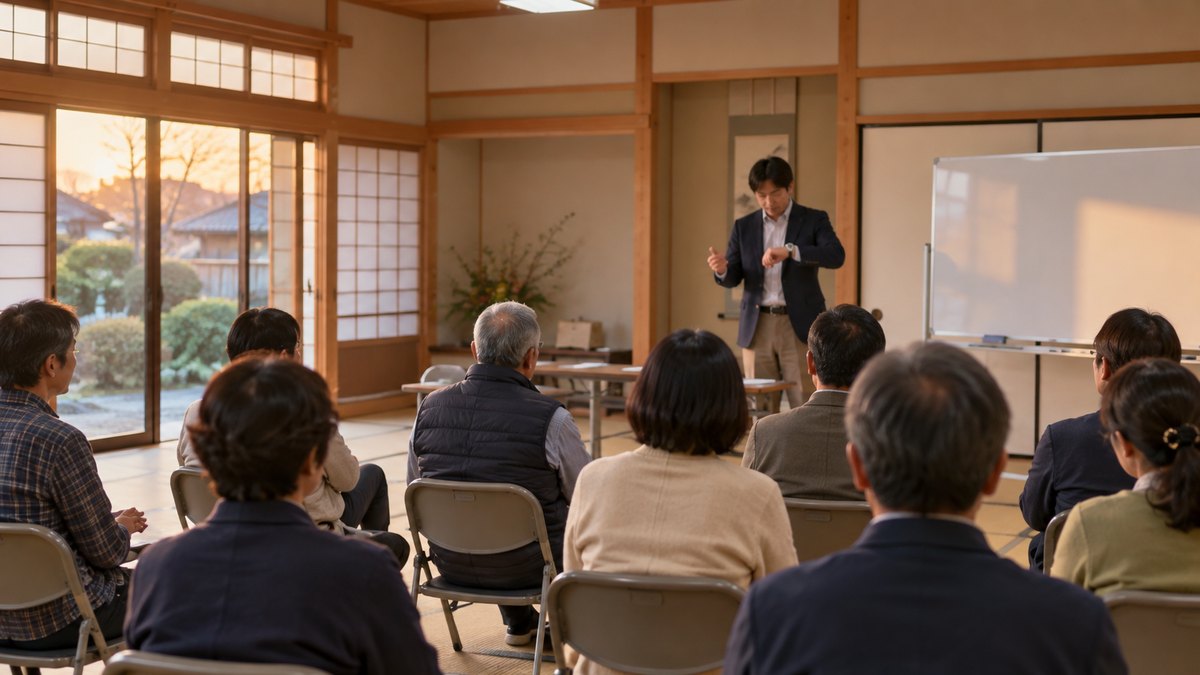 夕方、地域の集会所の和室で、40代の男性が座った10人ほどの住民の前に立ち、腕時計にちらりと目をやりながら短い挨拶をしている遠景。顔ははっきり写らない。掲示物の文字は見えない