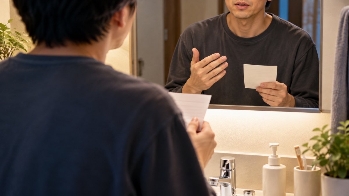 夜、自宅の洗面所の鏡の前で、部屋着の30代の男性が小さなメモを片手に持ち、鏡に映る自分の表情を見ながら話す練習をしている近景。顔ははっきり写らない。文字は無い