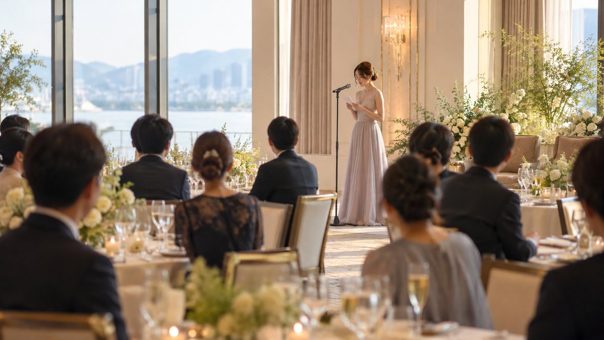 午後、ホテルの結婚披露宴の会場で、ドレス姿の30代の女性がスタンドマイクの前に立ち、手元の小さなメモにいったん目を落としている遠景。顔ははっきり写らない。文字は無い