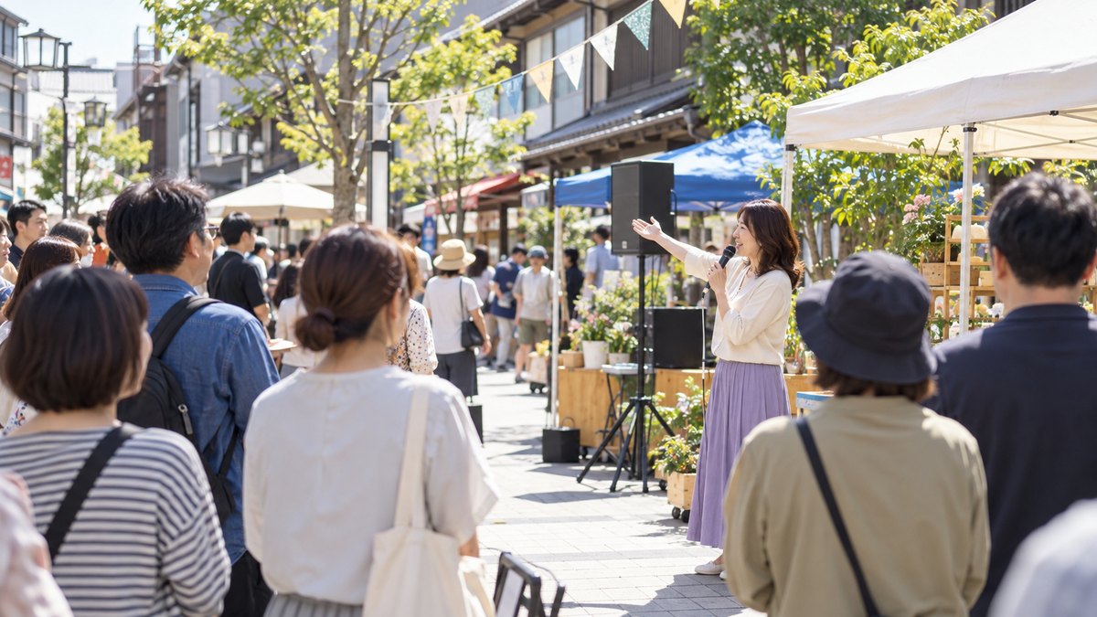 休日の昼、にぎやかな商店街のイベントの一角で、40代の女性がハンドマイクを持ち、足を止めた買い物客に向かって笑顔で話している遠景。顔ははっきり写らない。看板やのぼりの文字は見えない
