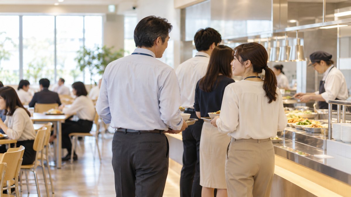 昼、明るい社員食堂でトレーを持って列に並ぶ40代の男性の課長が、前に並ぶ20代後半の女性の部下に振り返られ、短く言葉を交わしている遠景。顔ははっきり写らない。メニューや掲示の文字は見えない
