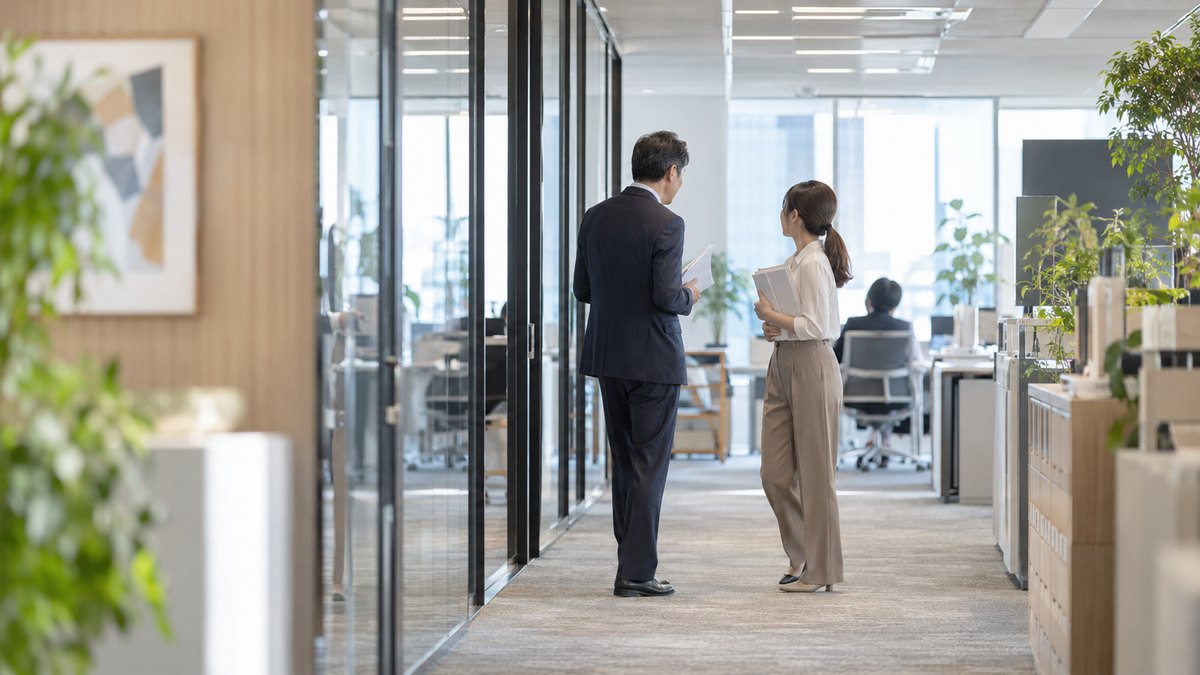昼前、オフィスの通路で、40代の男性の課長と20代後半の女性の部下が書類を手にすれ違いざまに立ち止まり、短く言葉を交わしている遠景。2人とも自然な表情。顔ははっきり写らない。書類と掲示物の文字は読めない