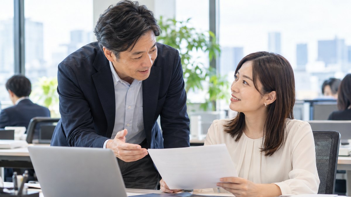 オフィスの席で部下と資料を見せ合いながら穏やかに話しかける40代の上司