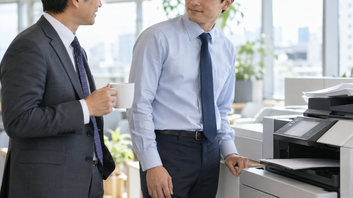朝、オフィスの複合機の横で、40代の男性の課長がコーヒーカップを片手に、印刷物を待つ30代の男性の部下に軽く声をかけている。2人とも穏やかな表情の近景。顔ははっきり写らない。複合機の画面と紙の文字は読めない