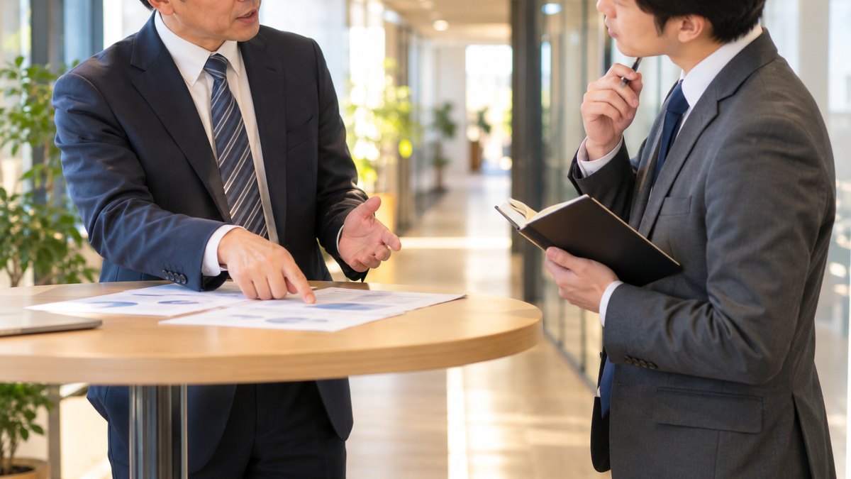 午後、オフィスの通路脇にある背の高いスタンディングテーブルで、40代の男性の課長が立ったまま資料を指して説明し、向かいに立つ30代の男性の部下が手帳を持ったまま少し首をかしげて聞いている近景。顔ははっきり写らない。資料と手帳の文字は読めない