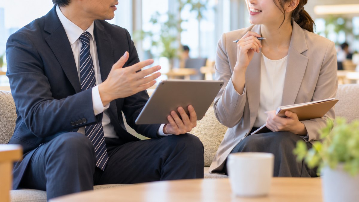 午後、明るいオフィスのフリースペースのソファ席で、40代の男性の課長がタブレットを持ち、隣に座る30代の女性の部下に仕事を任せる話をしている。部下は前向きな表情でうなずいている近景。画面は見えない角度。顔ははっきり写らない