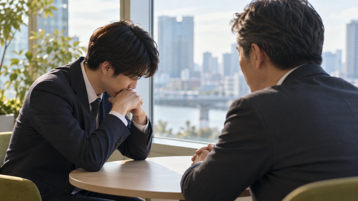 午後、オフィスの窓際の小さな丸テーブルで、40代の男性の課長と20代後半の男性の部下が向かい合って座り、部下が少し下を向いて考え、課長は急かさずに待っている近景。顔ははっきり写らない。文字は無い