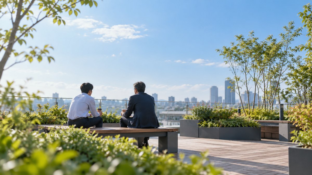 午後、会社の屋上庭園のベンチで、40代の男性の課長と30代の男性の部下が少し間をあけて並んで座り、紙コップを手に前を向いたまま落ち着いて話している遠景。植栽と青空。顔ははっきり写らない。文字は無い