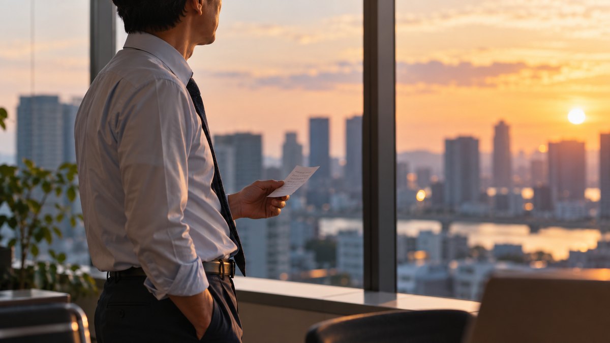 夕方、オフィスの窓際で、40代の男性の課長が1人で立ち、手に持った小さなメモを見返しながら、肩の力を抜いて静かに息を吐いている横からの近景。窓の外に夕方の街。顔ははっきり写らない。メモの文字は読めない