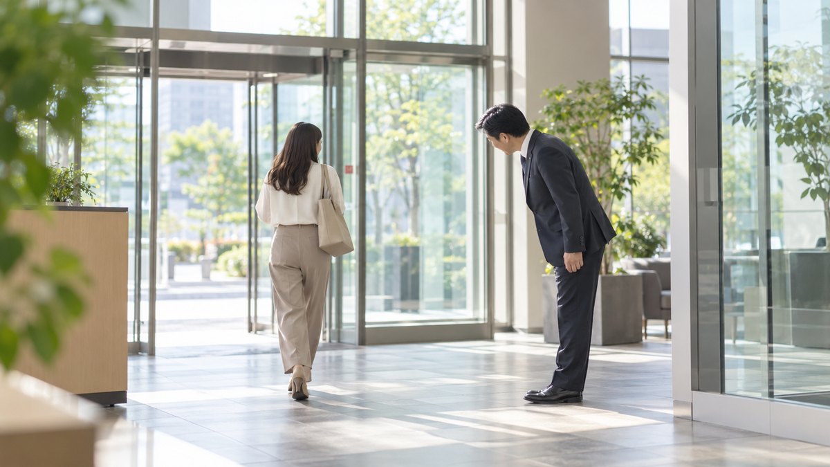 朝、オフィスの入り口近くで、40代の男性の課長が出勤してきた30代の女性の部下に、会釈しながら穏やかにあいさつしている遠景。顔ははっきり写らない。文字は無い