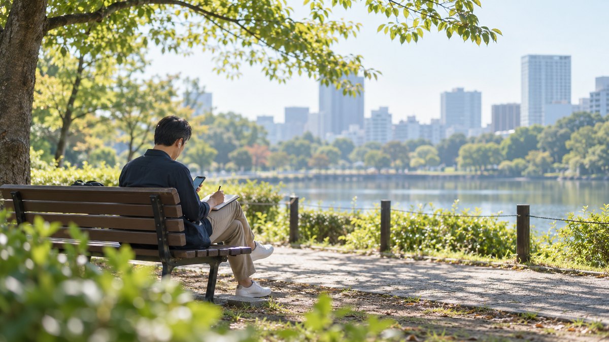 休日の朝、公園のベンチで、40代の男性がイヤホンをつけてスマートフォンで何かを聞きながら、ひざの上のノートに短くメモしている遠景。顔ははっきり写らない。画面とノートの文字は読めない