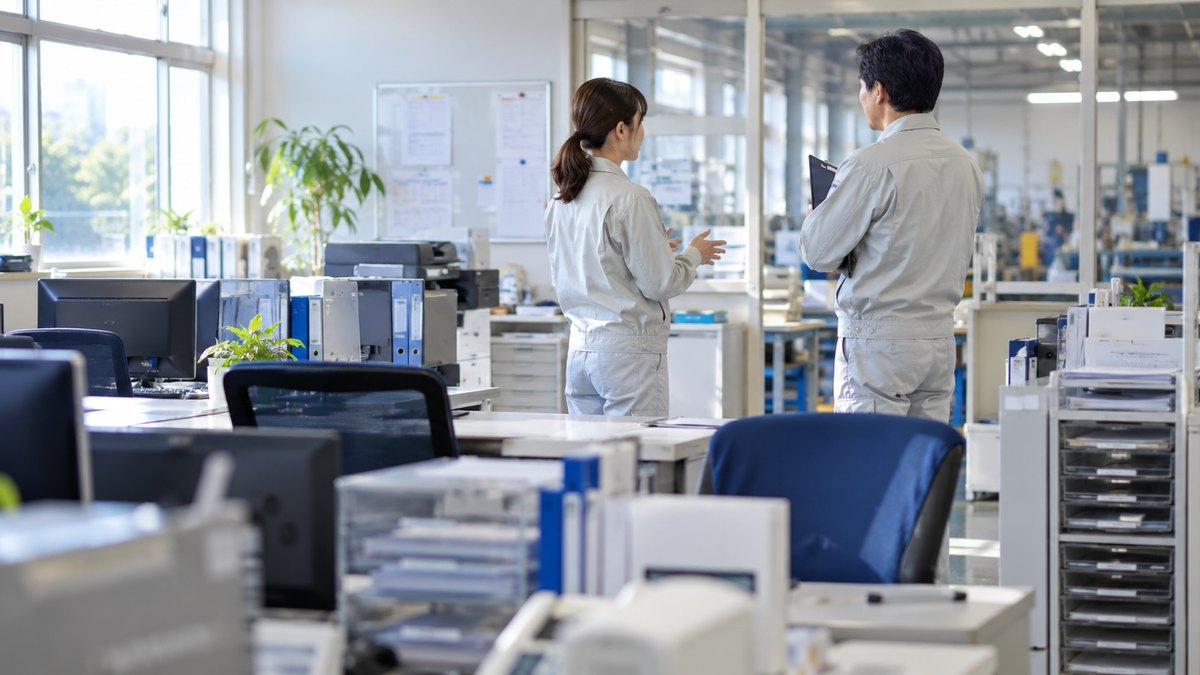 午前、工場の明るい事務所で、作業着の40代の男性の係長が、作業着の30代の女性の部下の話をクリップボードを胸に抱えて聞いている遠景。顔ははっきり写らない。掲示物と紙の文字は読めない
