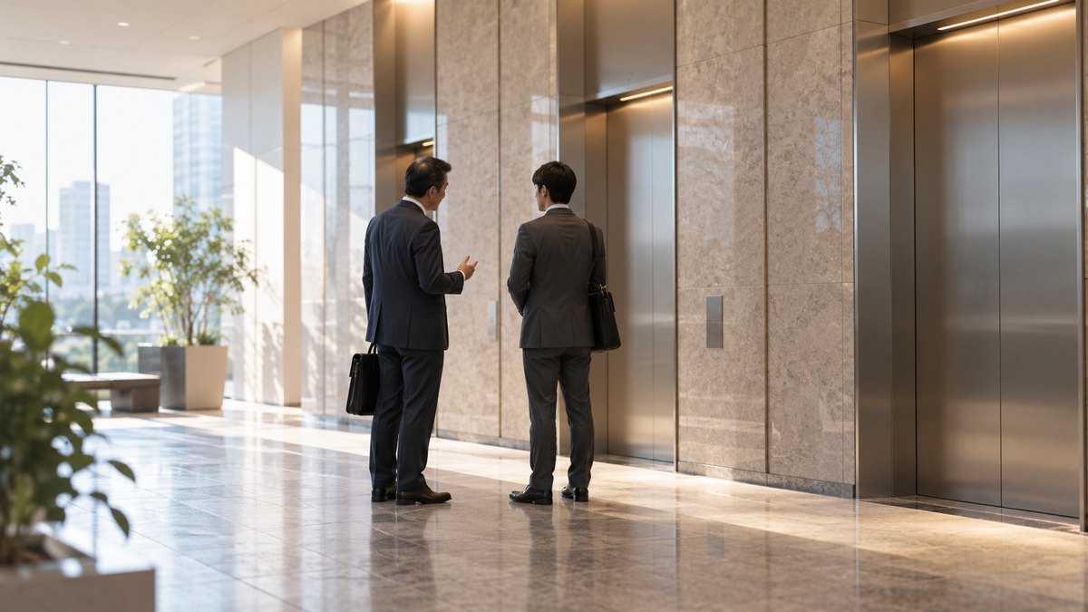 朝、オフィスビルのエレベーターホールで、40代の男性の課長が30代の男性の部下と並んでエレベーターを待ちながら、短く話しかけている横からの遠景。顔ははっきり写らない。表示板と案内の文字は見えない
