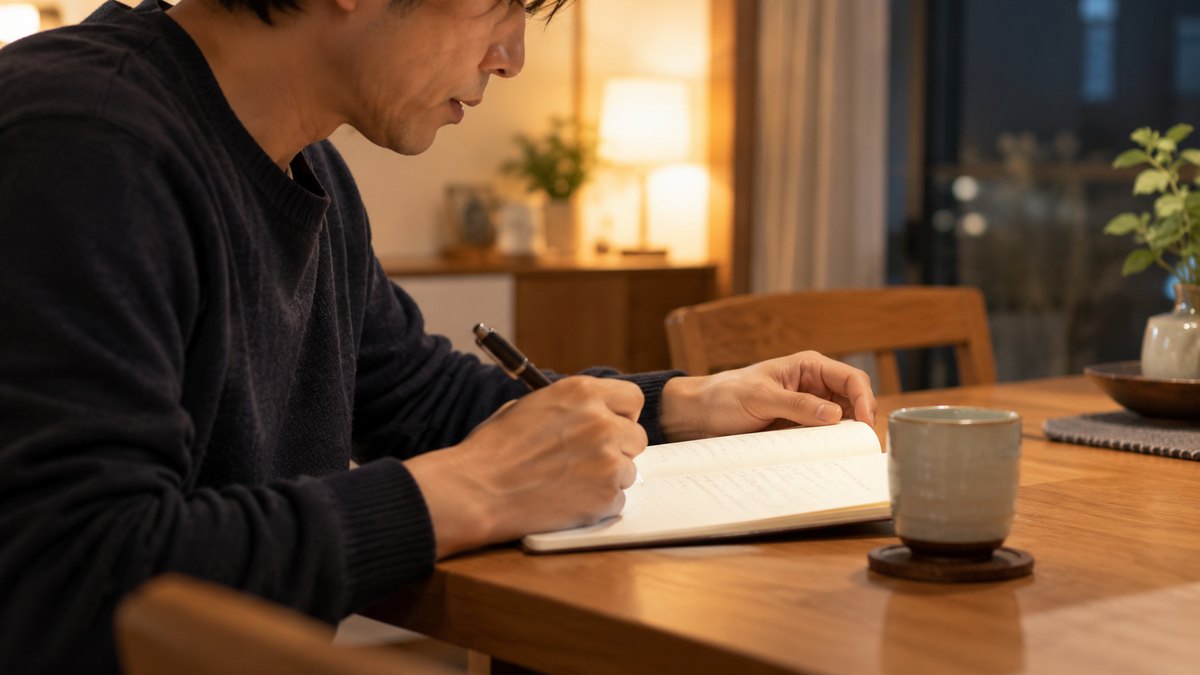 夜、自宅のダイニングテーブルで、40代の男性がノートに短く3行書き、それを見ながら小さく声に出して読んでいる横からの近景。湯のみが置いてある。顔ははっきり写らない。ノートの文字は読めない