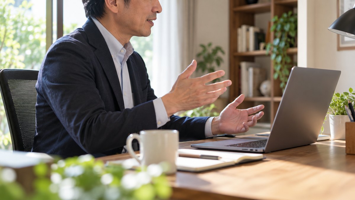 午前、自宅の書斎で、40代の男性の課長がノートパソコンの前に座り、オンライン会議の相手に笑顔で話しかけている横からの近景。画面の中は見えない角度。顔ははっきり写らない。文字は無い