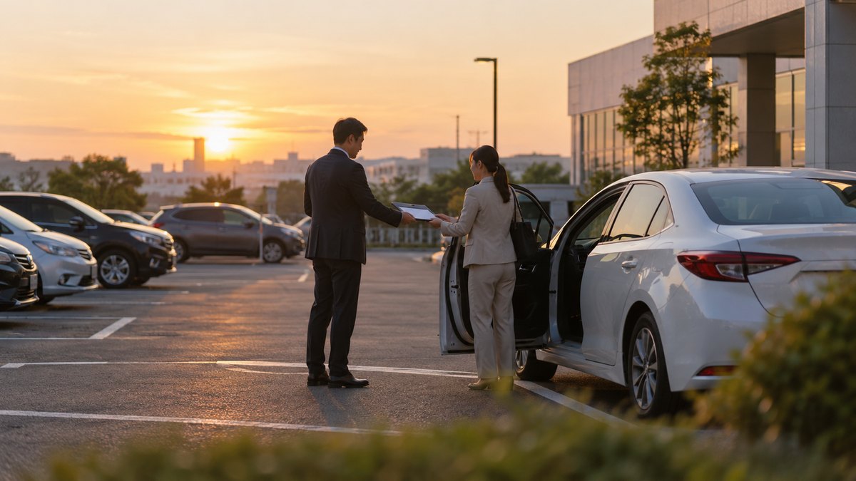 夕方、会社の屋外駐車場で、社用車の横に立つ40代の男性の課長が、車に乗り込む前の30代の女性の部下に、ファイルを渡しながら短く声をかけている遠景。夕方の光。顔ははっきり写らない。車のナンバーと看板の文字は見えない