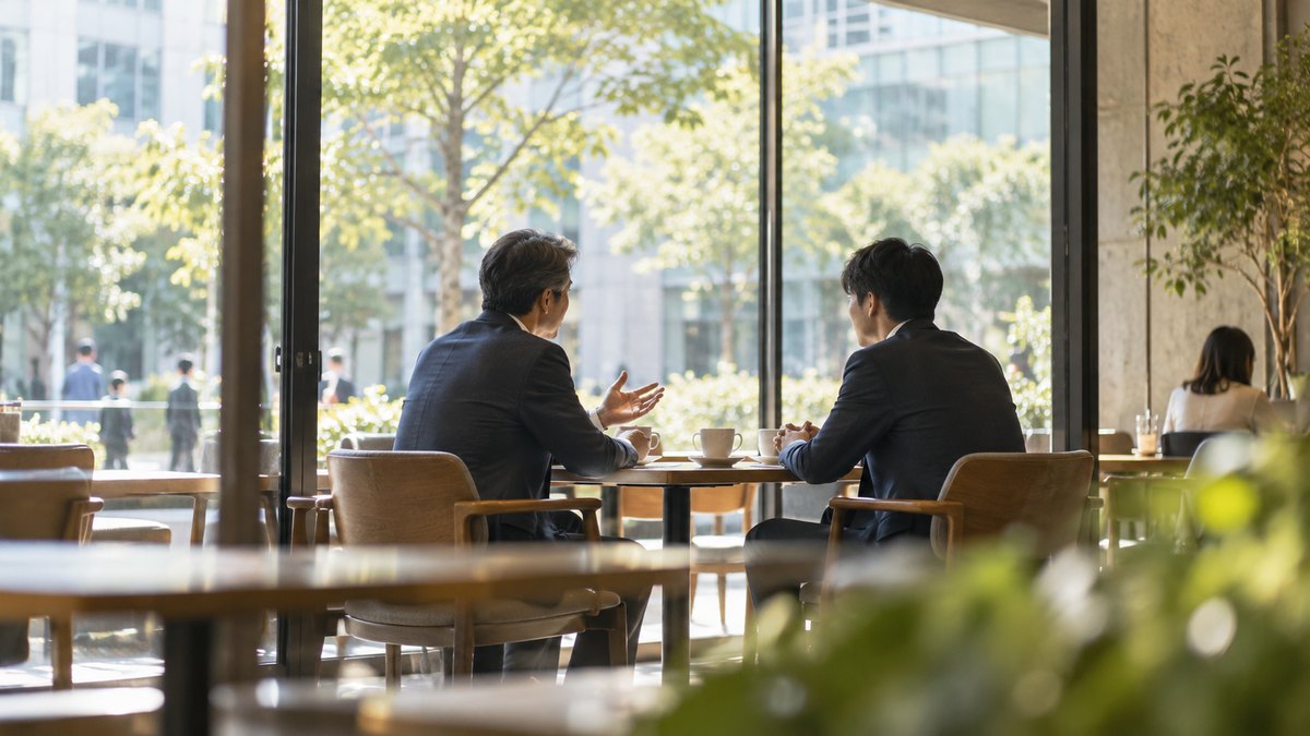 朝、オフィスビルの1階のカフェの窓際の席で、40代の男性の課長と20代後半の男性の部下がカップを前に向かい合い、穏やかに話している横からの遠景。顔ははっきり写らない。店の文字は見えない