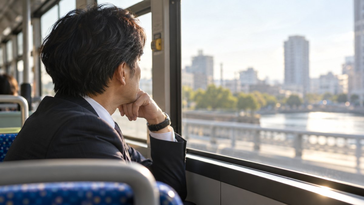 朝、路線バスの窓際の座席で、40代の男性会社員が窓の外の街並みを見ながら静かに考えている横からの近景。顔ははっきり写らない。車内の掲示や広告の文字は見えない