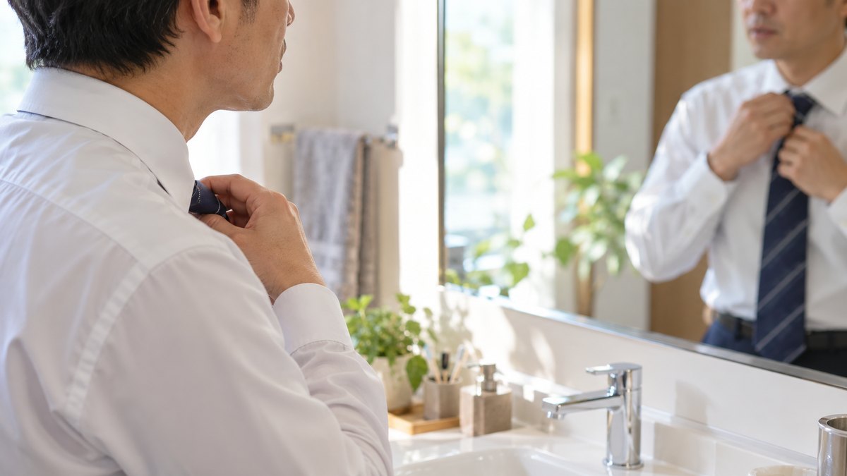 朝、自宅の洗面所の鏡の前で、40代の男性がネクタイを締めながら、鏡に向かって小さく口を動かして一言を練習している横からの近景。顔ははっきり写らない。文字は無い