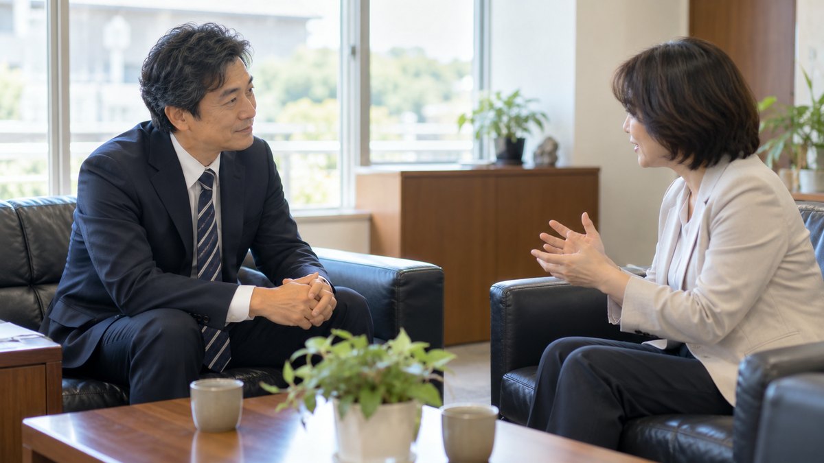午前、地方の支店の小さな事務所の応接ソファで、40代の男性の課長と50代の女性の部下が向かい合って座り、女性が話し課長がうなずいて聞いている近景。顔ははっきり写らない。文字は無い