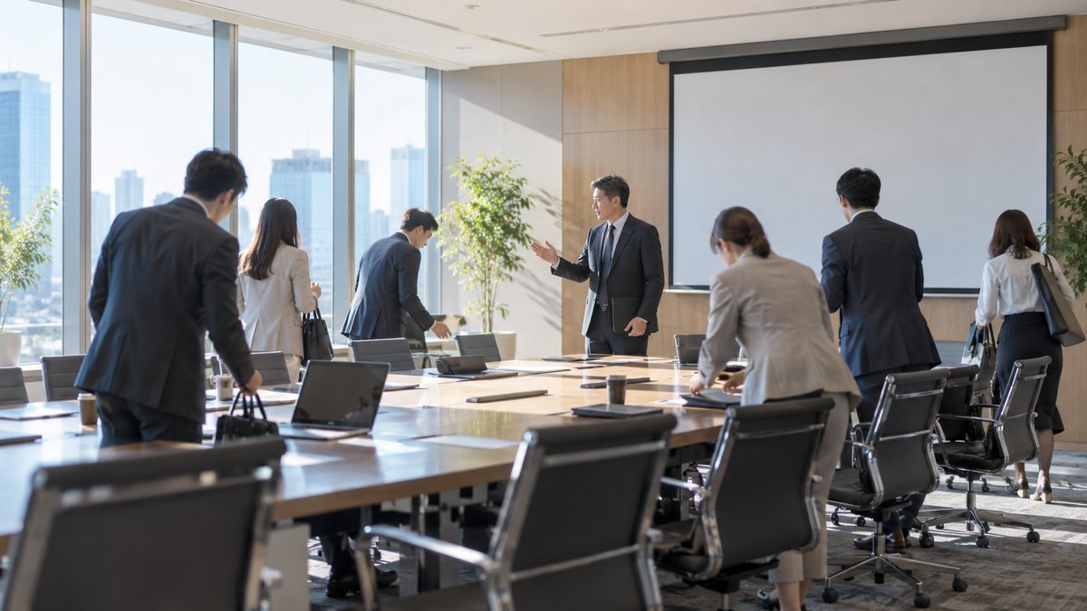 午後、大きな会議室で会議が終わり、40代の男性の課長が立ち上がって、資料を片付けて席を立つ部下たちに軽く声をかけている遠景。顔ははっきり写らない。資料とスクリーンの文字は見えない