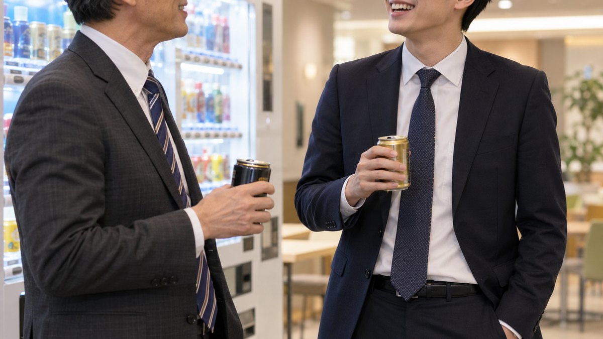 昼休み、オフィスビルの地下の休憩室の自動販売機の前で、40代の男性の課長と20代後半の男性の部下が缶コーヒーを手に立ち、短く話して笑っている近景。顔ははっきり写らない。自動販売機の文字は見えない