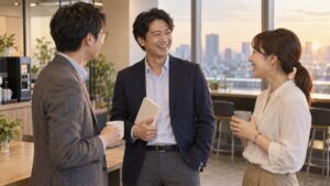 オフィスの休憩スペースで、本を片手に同僚と立ち話で笑い合う男性会社員