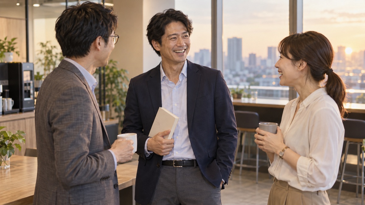 オフィスの休憩スペースで、本を片手に同僚と立ち話で笑い合う男性会社員