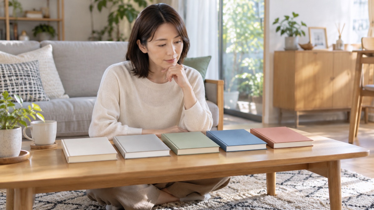 自宅のリビングで、テーブルに並べた話し方の本を見比べる女性