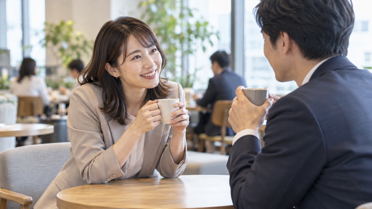 社内のカフェスペースで、同僚の話にうなずきながら聞く女性会社員
