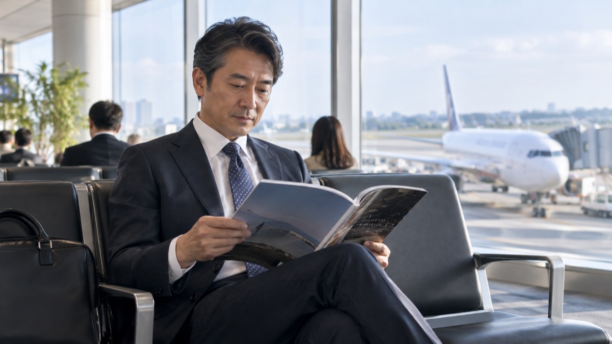 空港の待合ロビーで、ビジネス雑誌をめくる男性会社員
