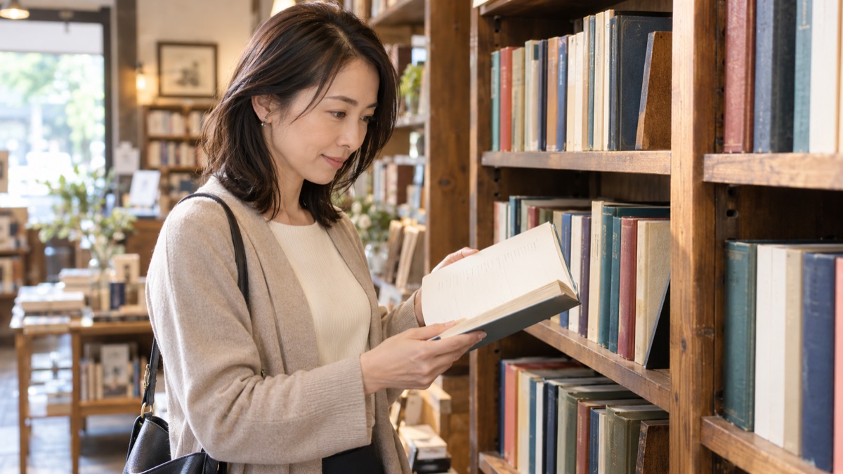 古書店の本棚の前で、本の目次を確かめる女性