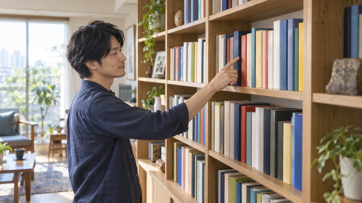 自宅の本棚の前で、背表紙をたどって本を探す男性