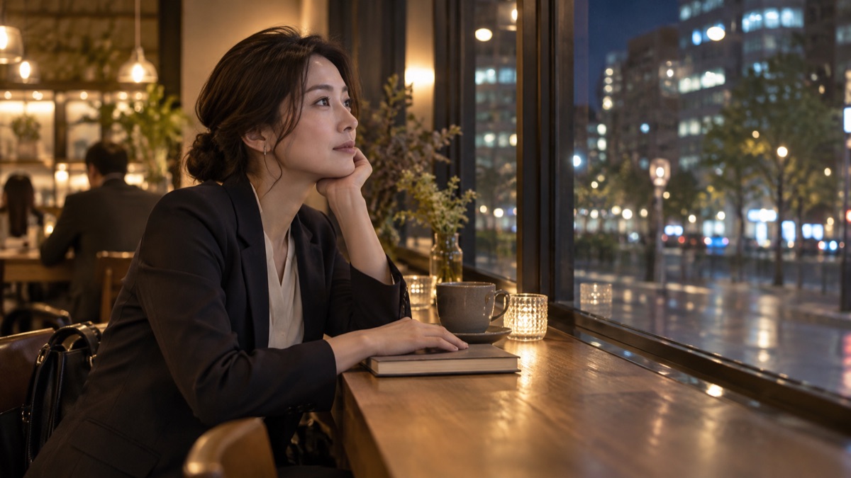 夜のカフェで、閉じた本に手を置いて考えごとをする女性会社員