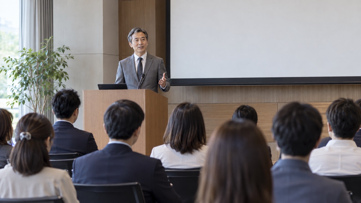 小さなホールの演台で、聴衆に向かって落ち着いて話す男性