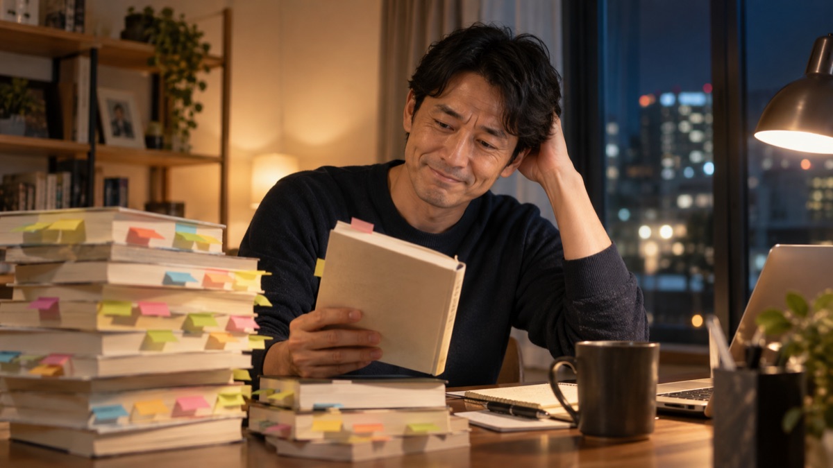 付箋だらけの本の山から、1冊だけ手に取る男性
