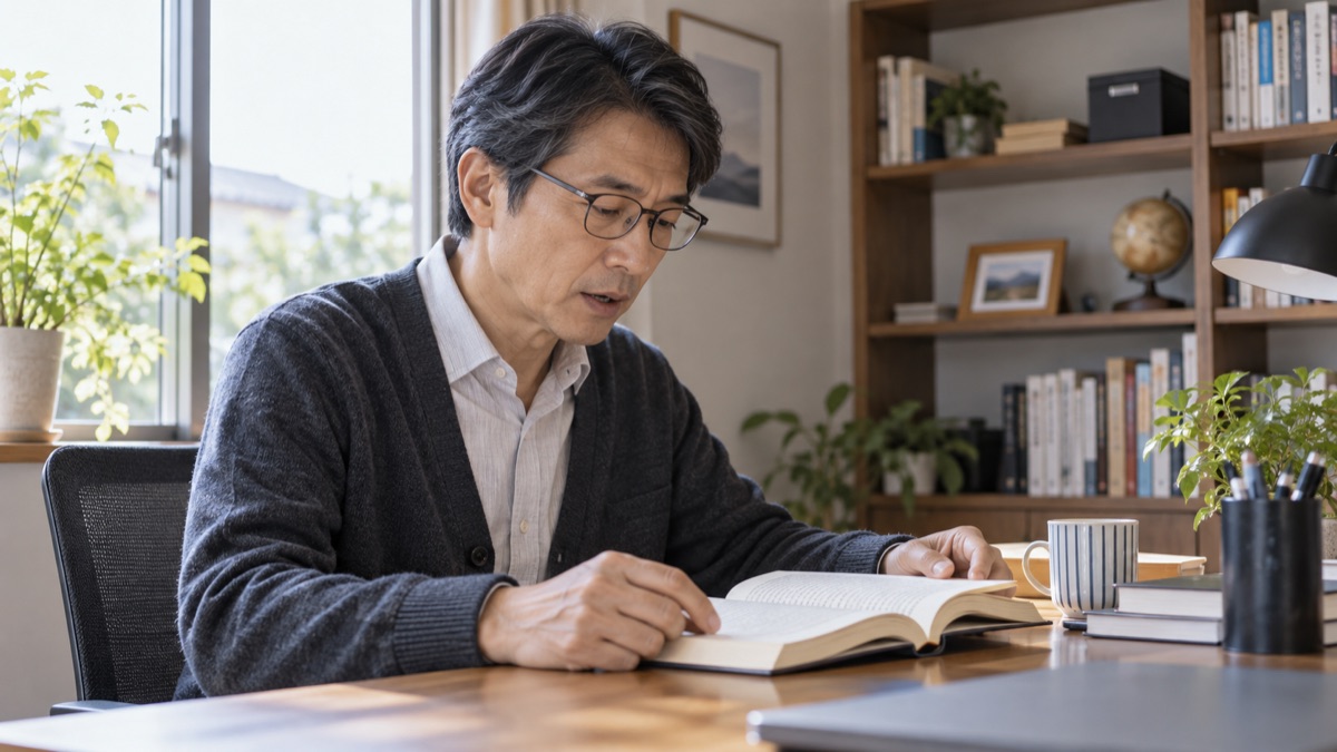自宅の書斎で、本の文章を声に出して読む男性